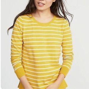 Yellow and White Striped Crew Neck Sweater